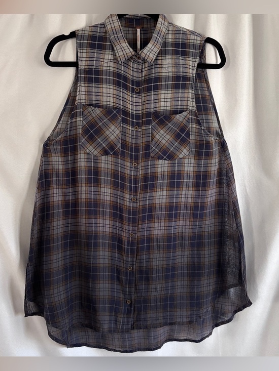 Free People Tops - Free People Sleeveless Plaid Button-Front Shirt - Navy & Gray ~ Size XS